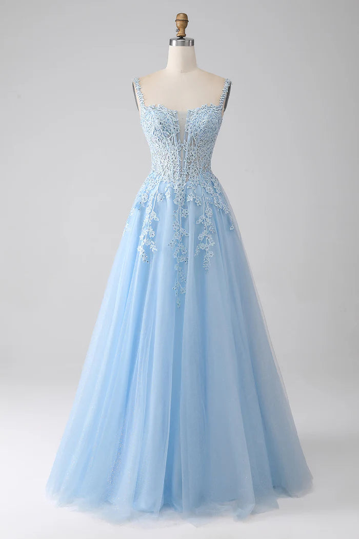 Robe Weitese trapèze bleu clair, robe de soirée, robe longue sans manches avec appliques, robe de bal